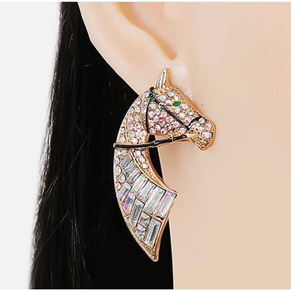 Horse Head Rhinestone Stud Earrings - Picture 2 of 5